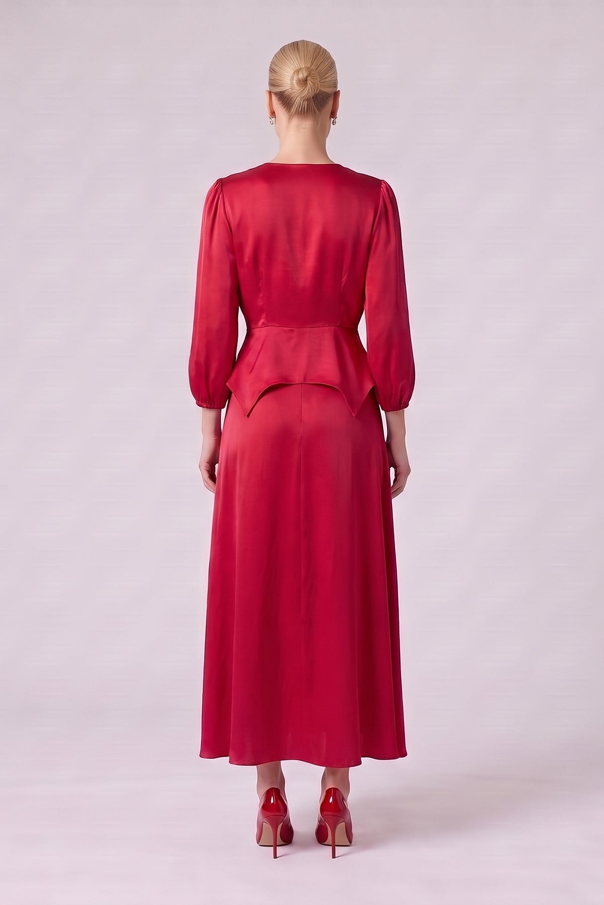 Red Satin Viscose Peplum Blouse & Midi Skirt Set
