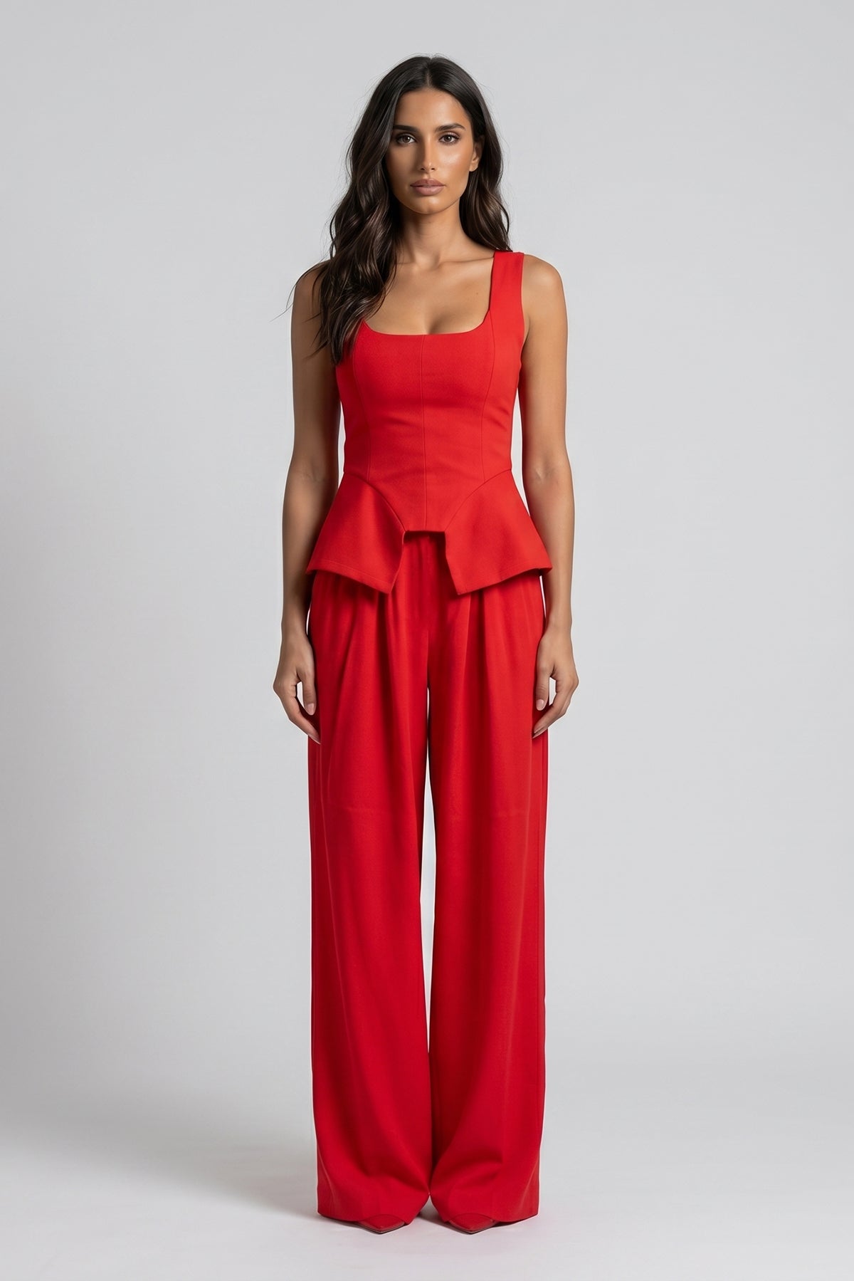 Red Linen-Style Set with Wide Legs