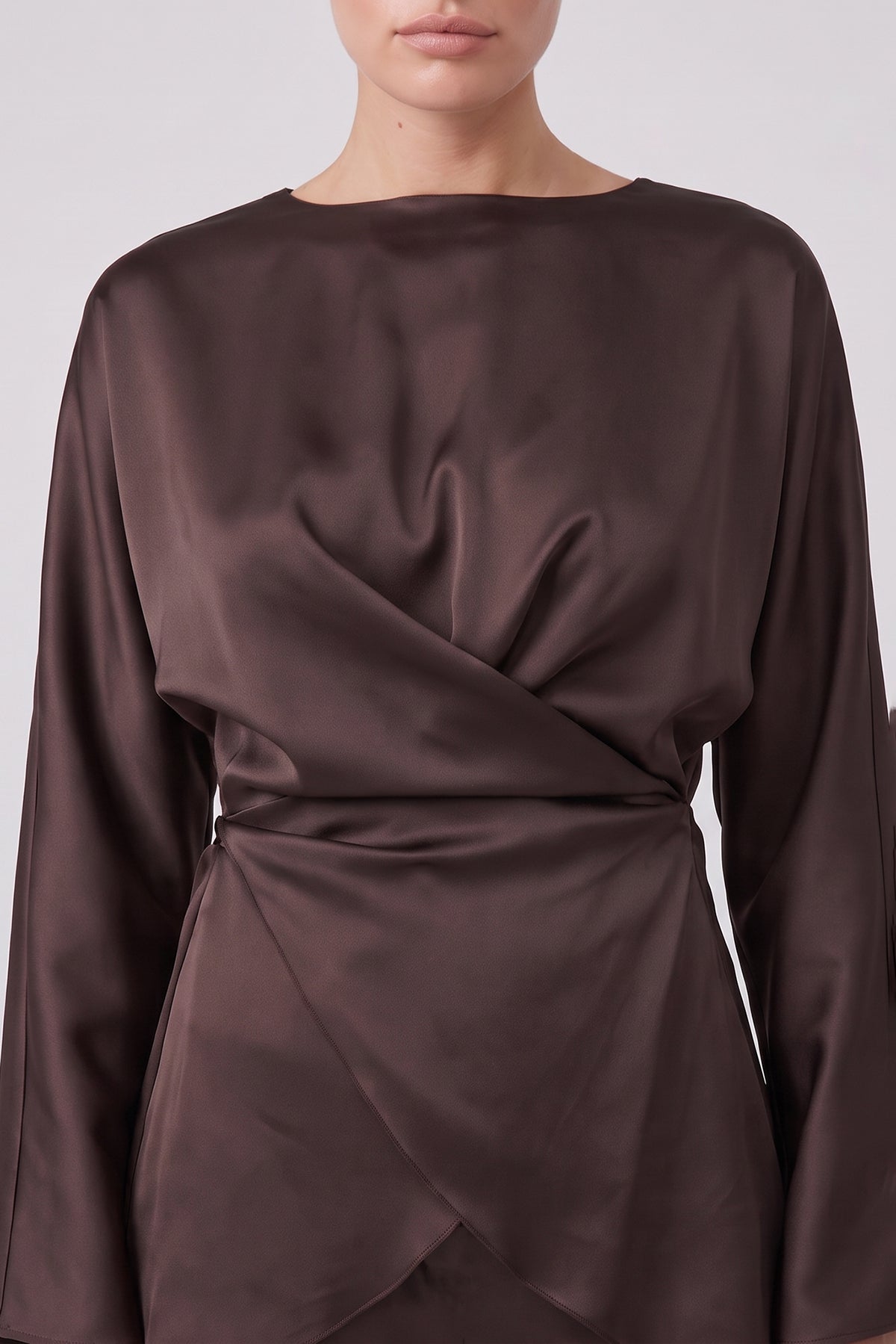 Brown Satin Draped Top & Wide-Leg Trousers Set