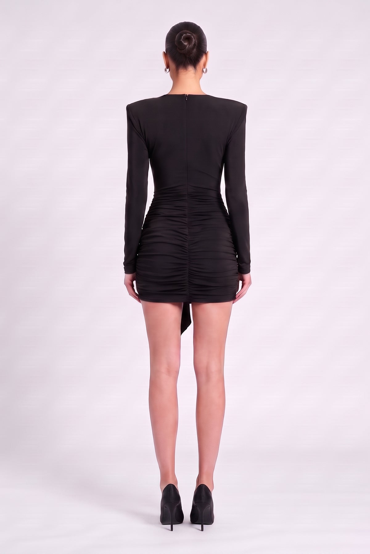 Black Draped Mini Dress with Scarf Details