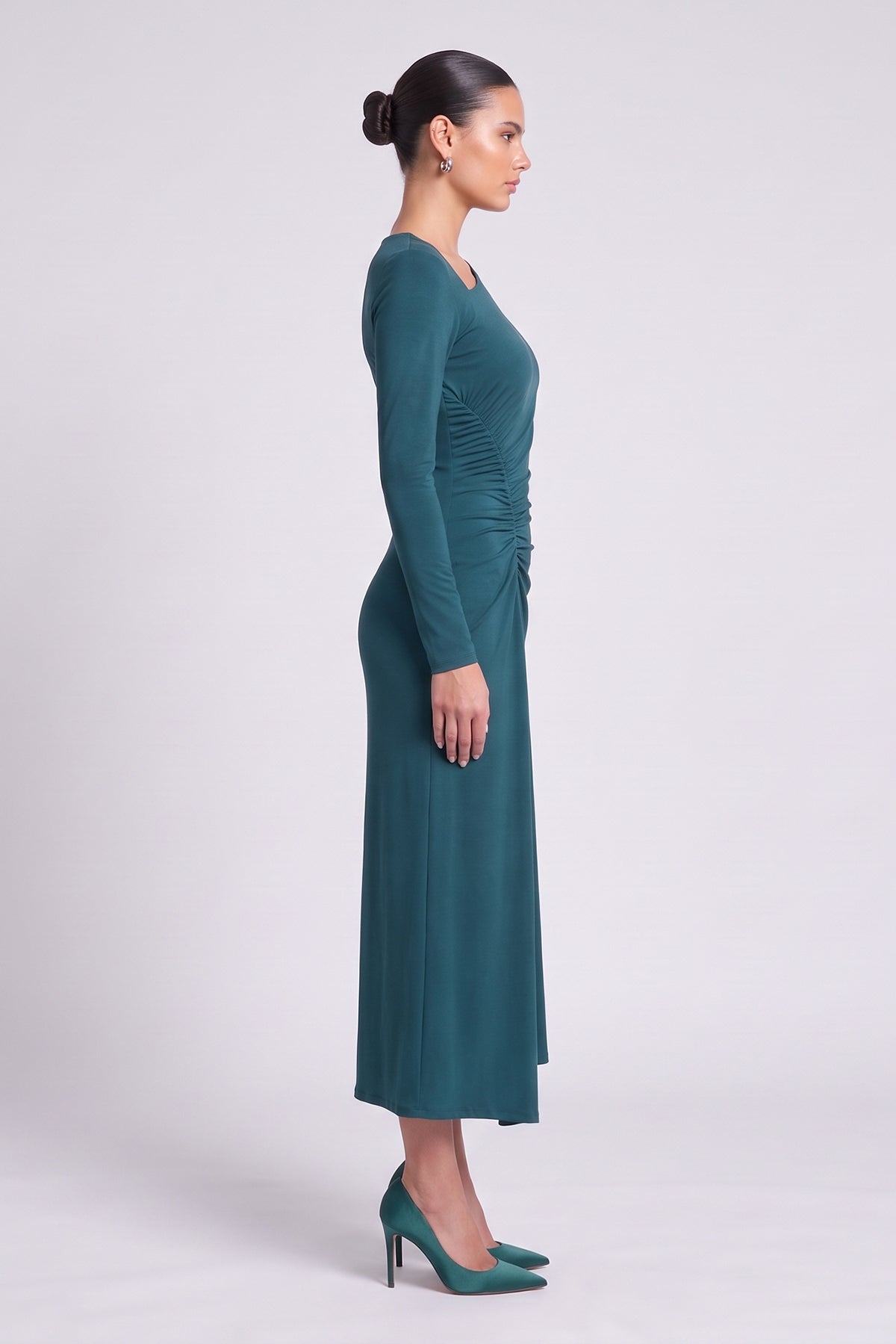 Turquoise Midi Dress with Asymmetric Neckline and Side Draping