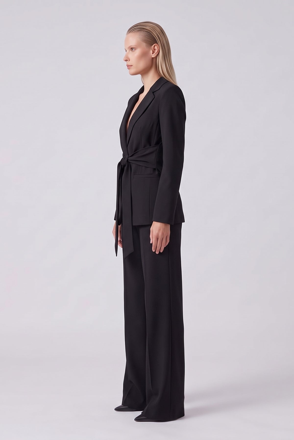 Black Suit with Belted Blazer and Wide-Leg Trousers