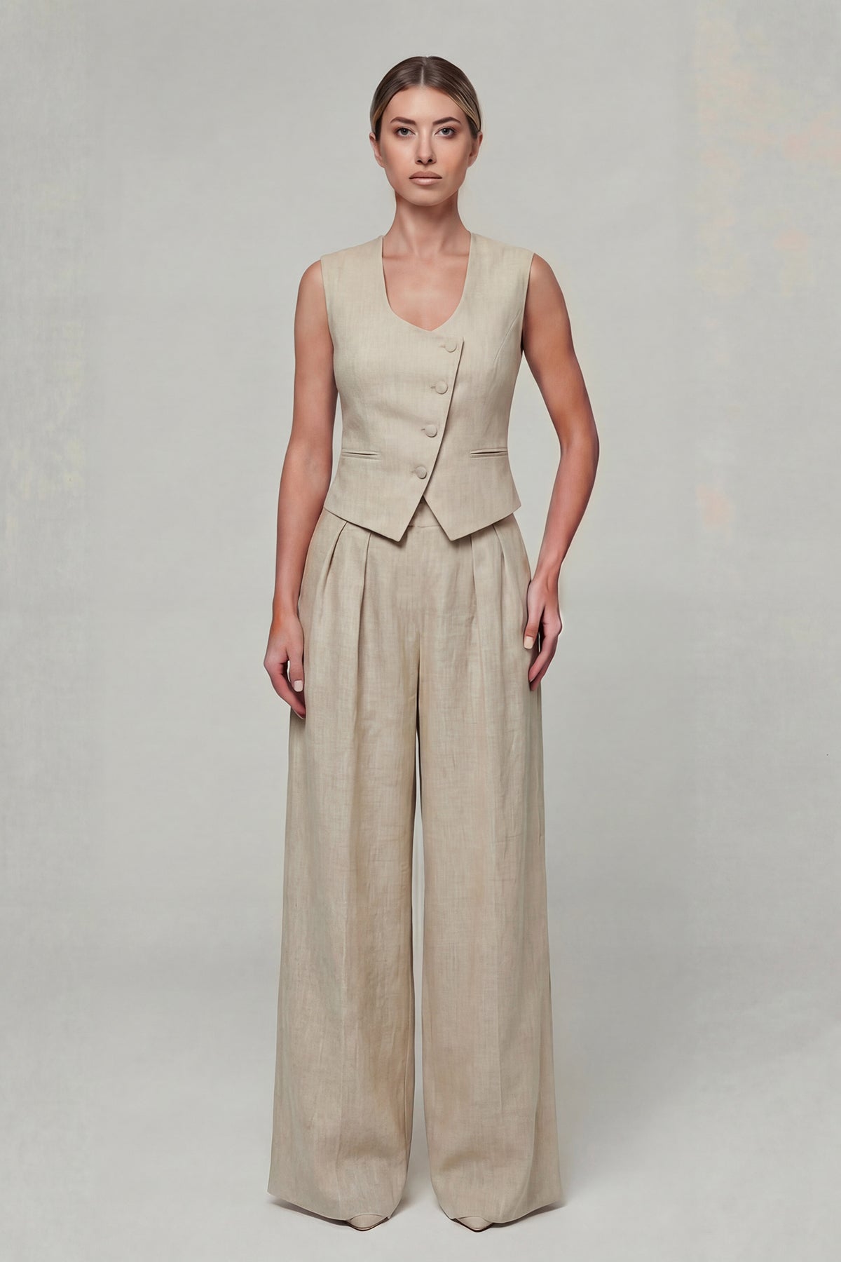 Beige Linen Set with Fitted Vest and Wide-Leg Trousers