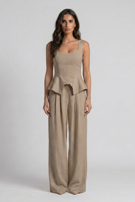 Beige Linen-Style Set with Wide Legs