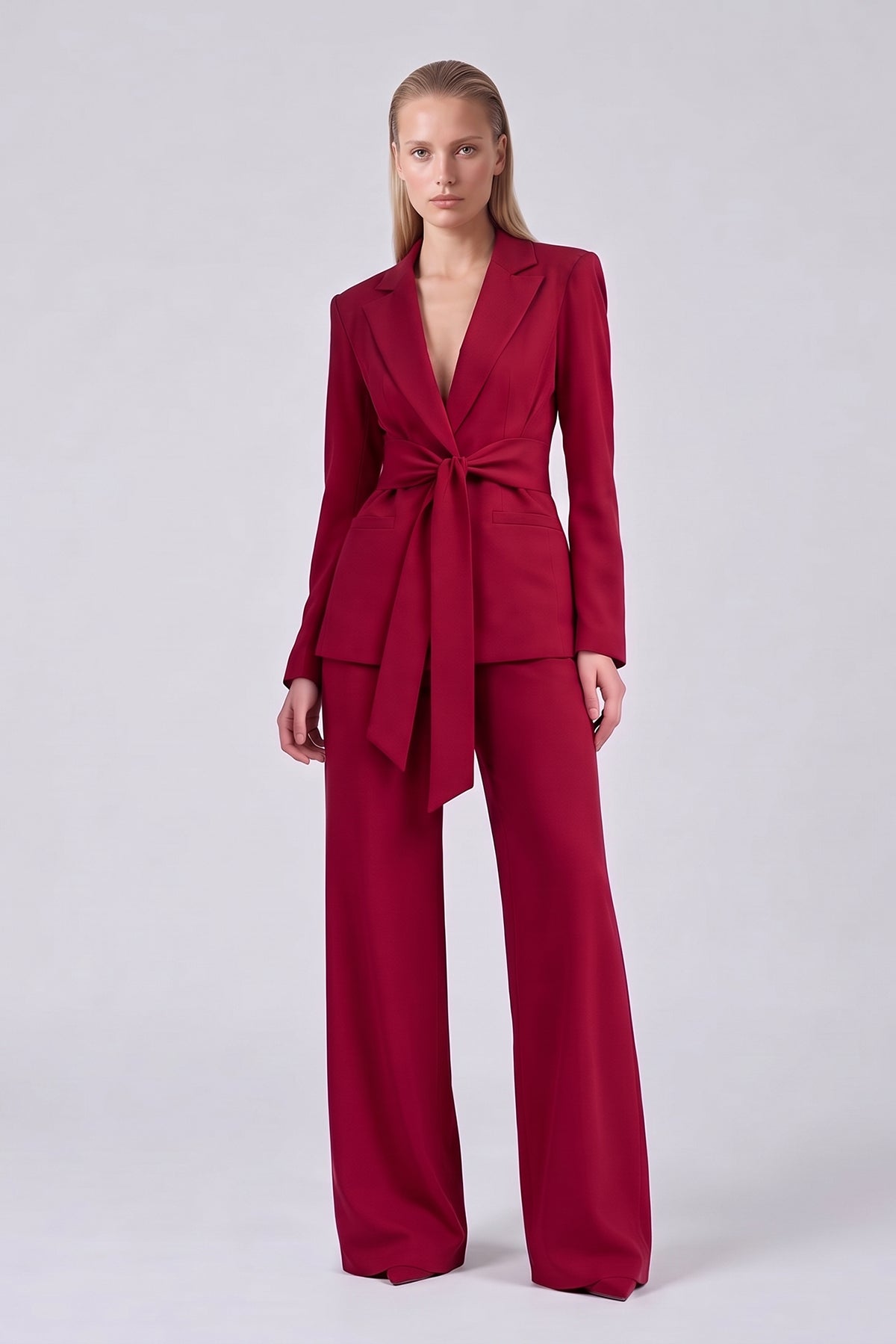 Red Suit with Belted Blazer and Wide-Leg Trousers