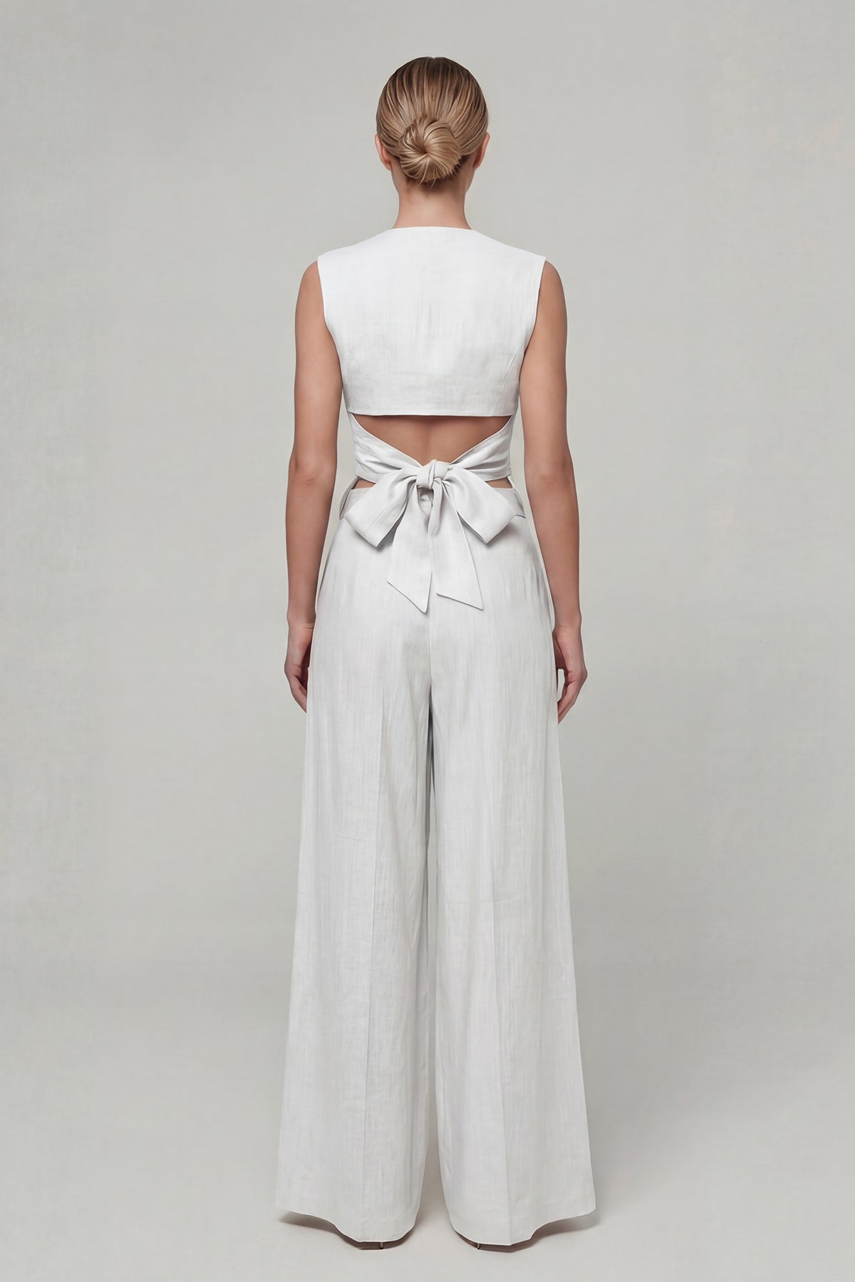 White Linen Set with Fitted Vest and Wide-Leg Trousers