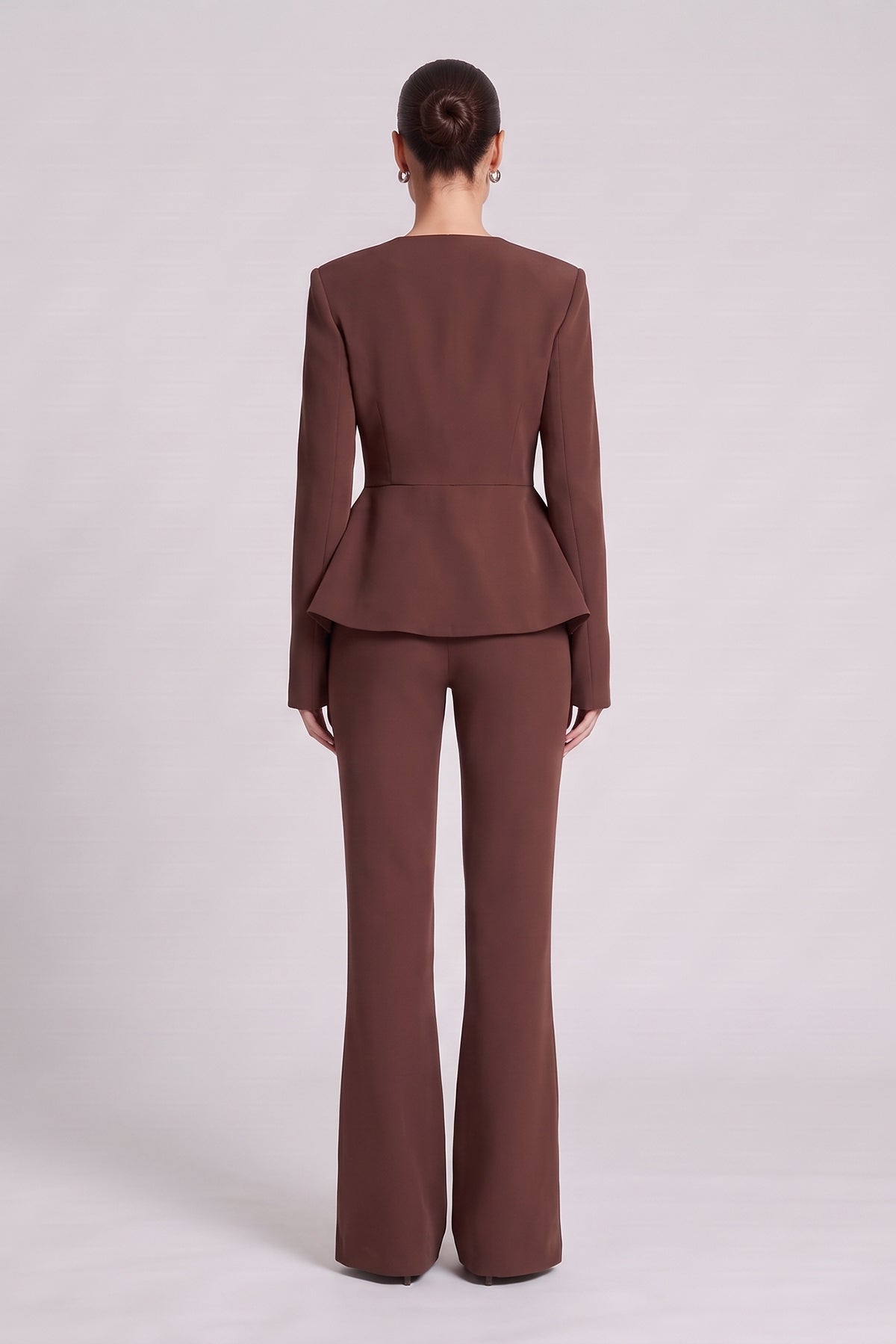 Brown Set with Structured Peplum Blazer and Flared Trousers