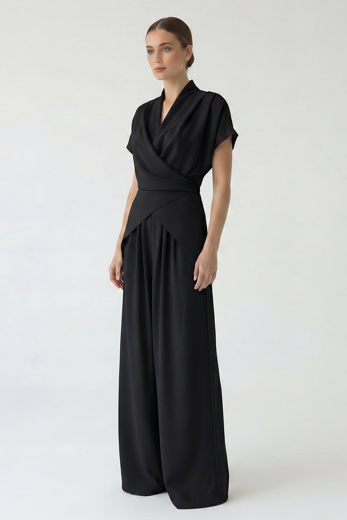 Black fluid set with a wrap top and wide-leg trousers