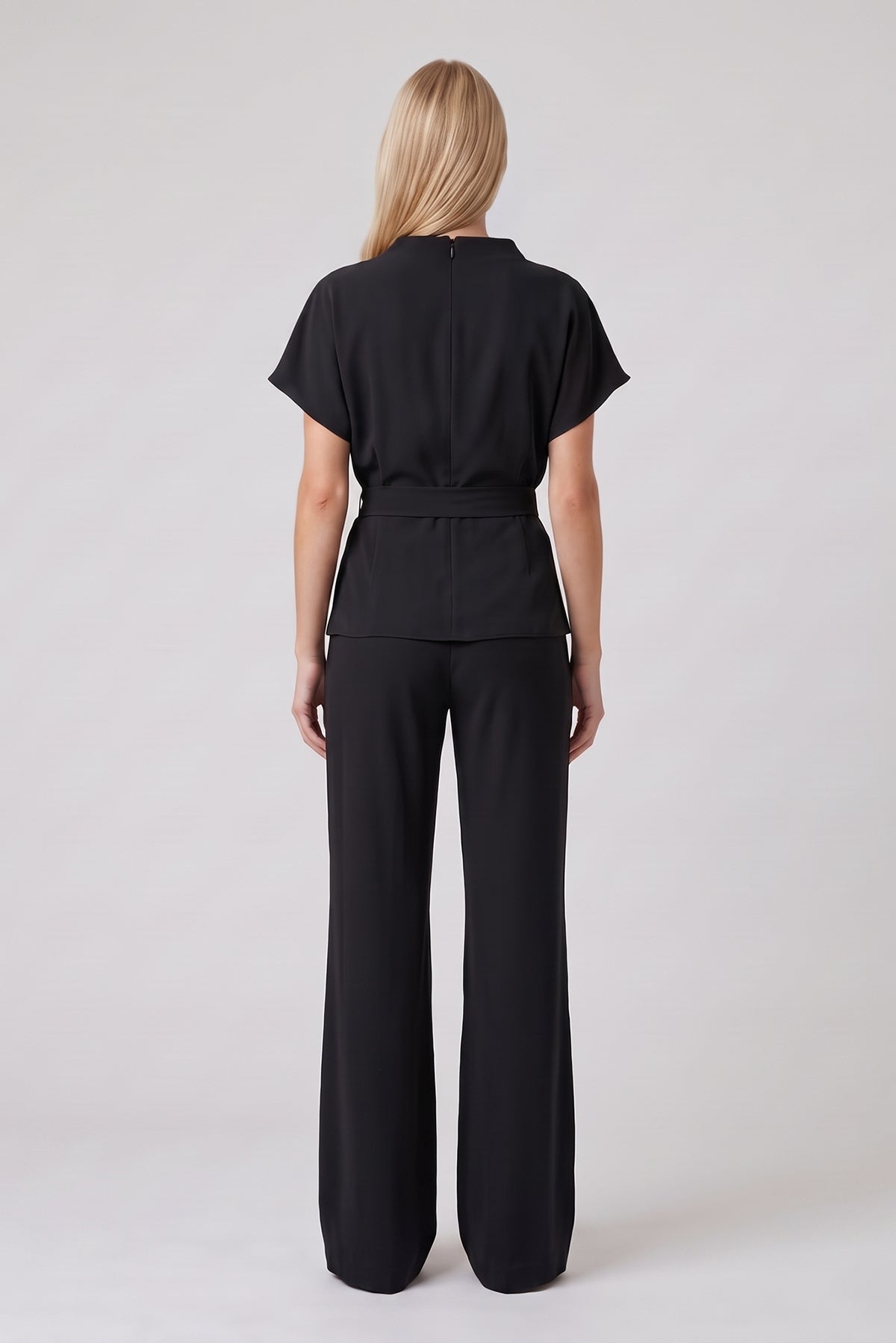 Black Set with Draped Top, Defined Waist and Wide-Leg Trousers