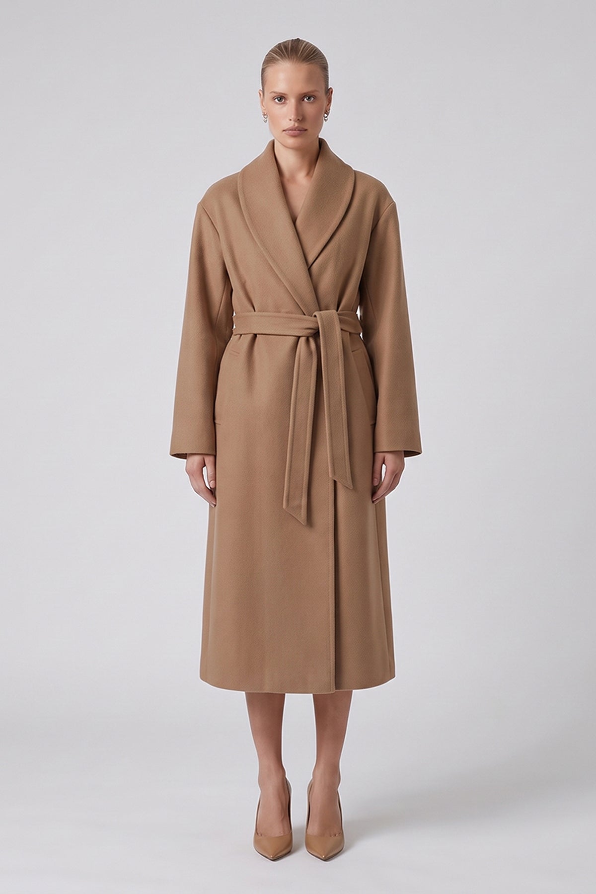 Long Wool Blend Coat with Rounded Lapels in Camel