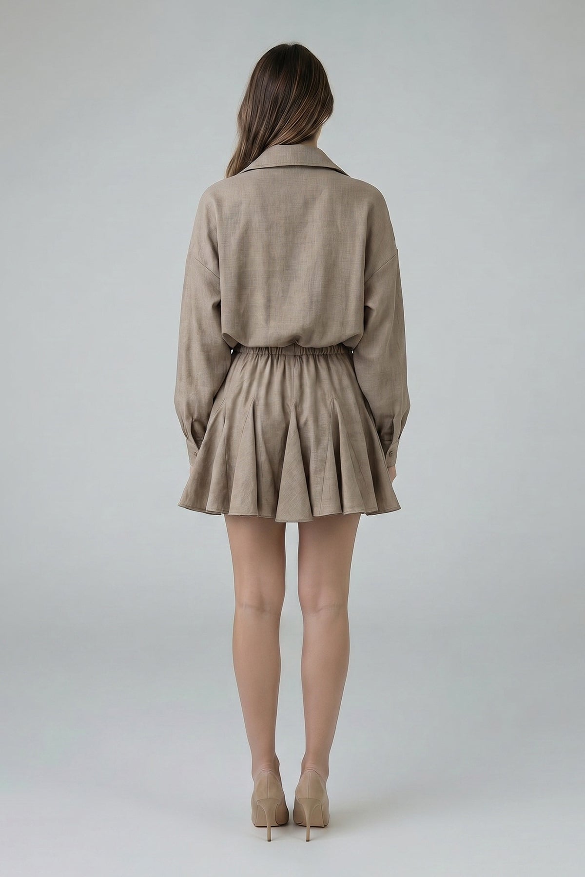 Greige Linen Mini Shirt Dress with Elastic Waist