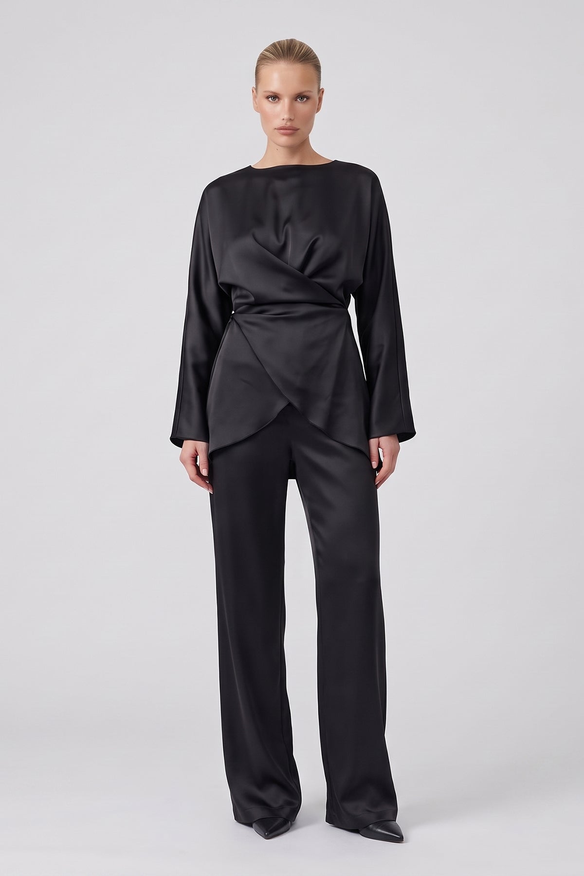 Black Satin Draped Top & Wide-Leg Trousers Set
