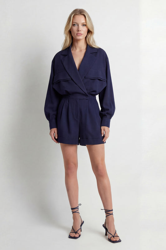 Navy Utility Romper with Oversized Sleeves & Belt