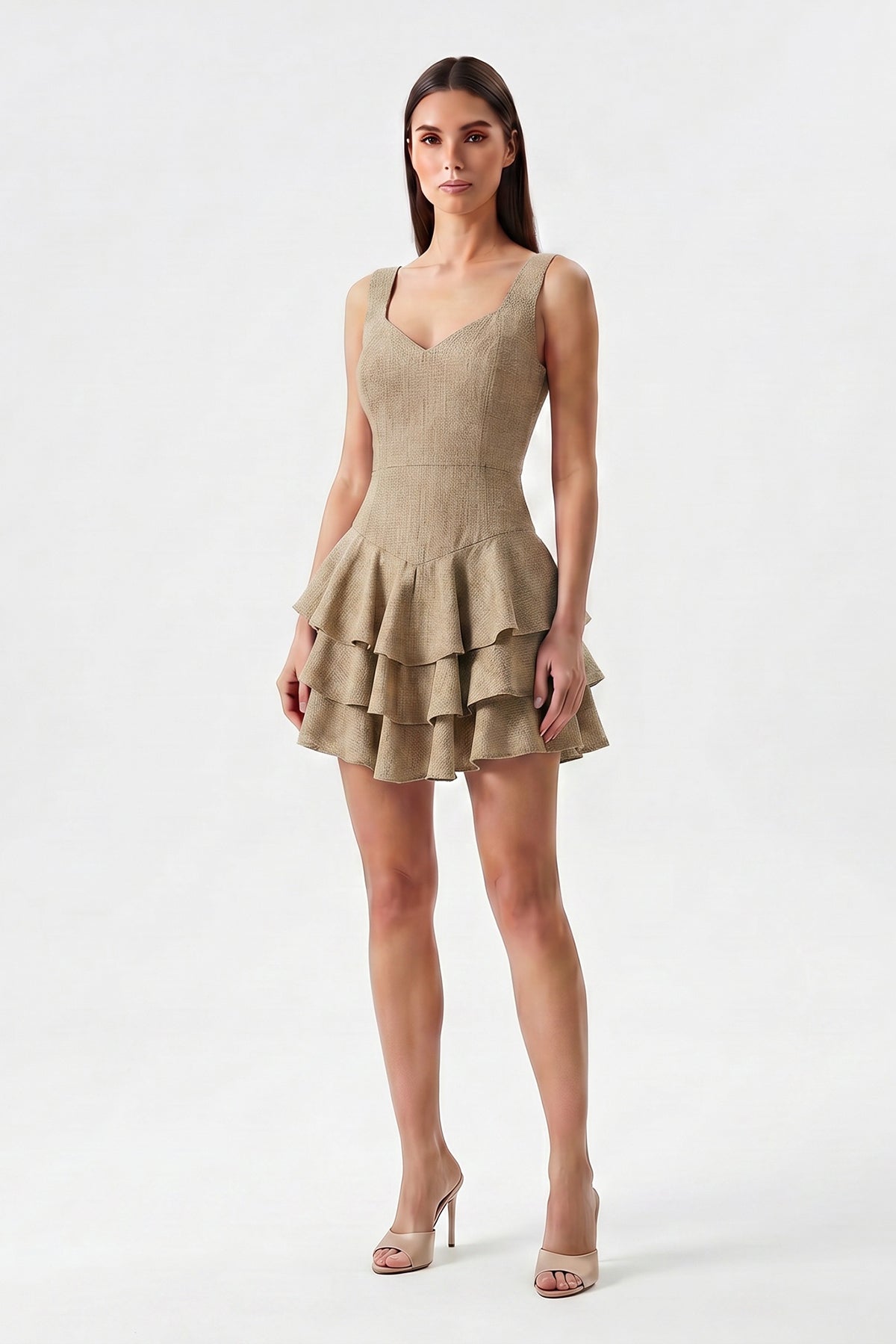 Greige linen mini dress with fitted silhouette and layered ruffle skirt