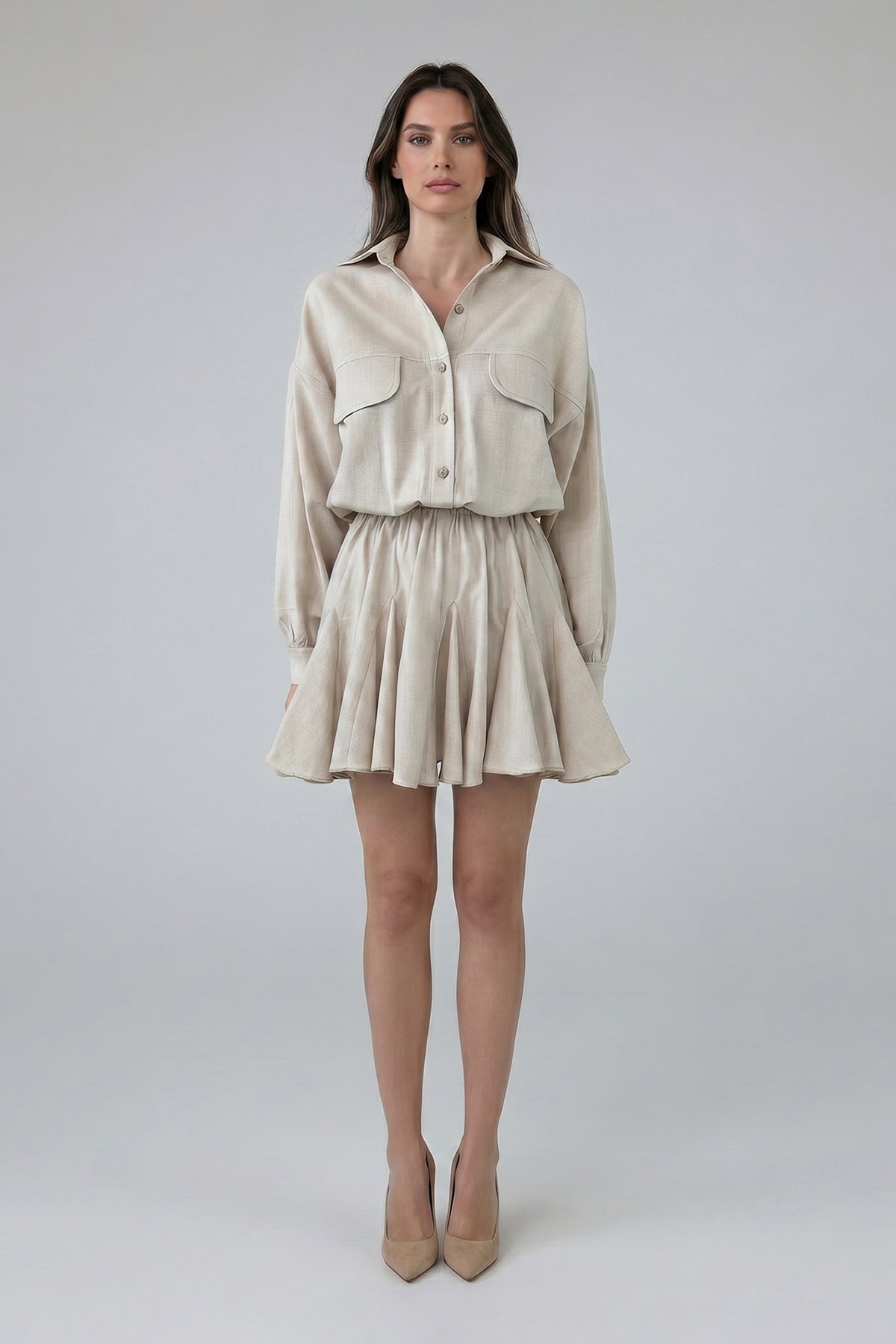 Beige Linen Mini Shirt Dress with Elastic Waist