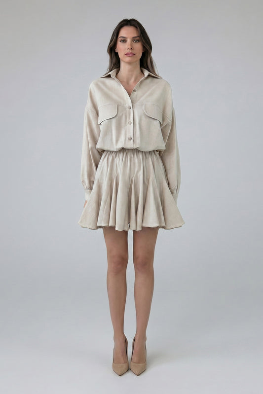 Beige Linen Mini Shirt Dress with Elastic Waist