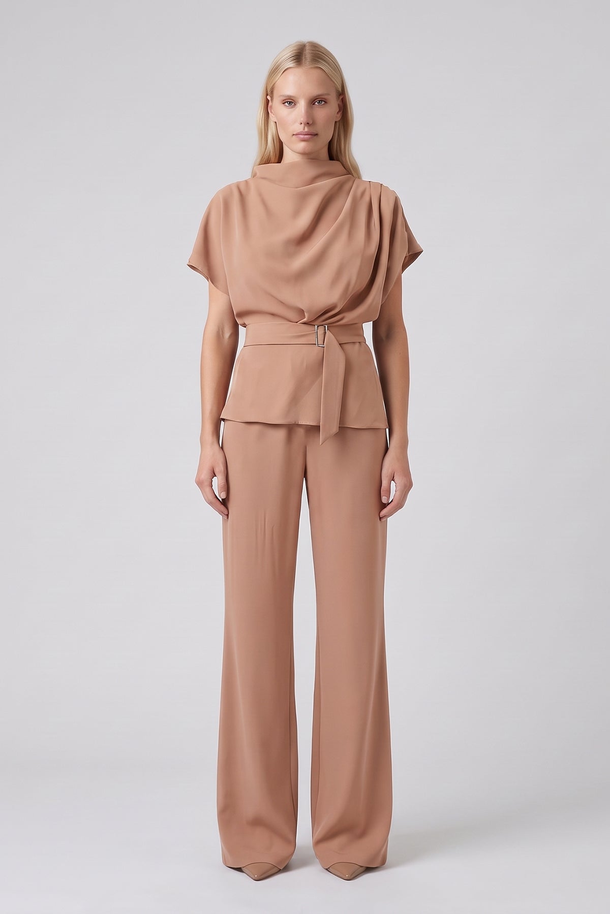 Beige Set with Draped Top, Defined Waist and Wide-Leg Trousers