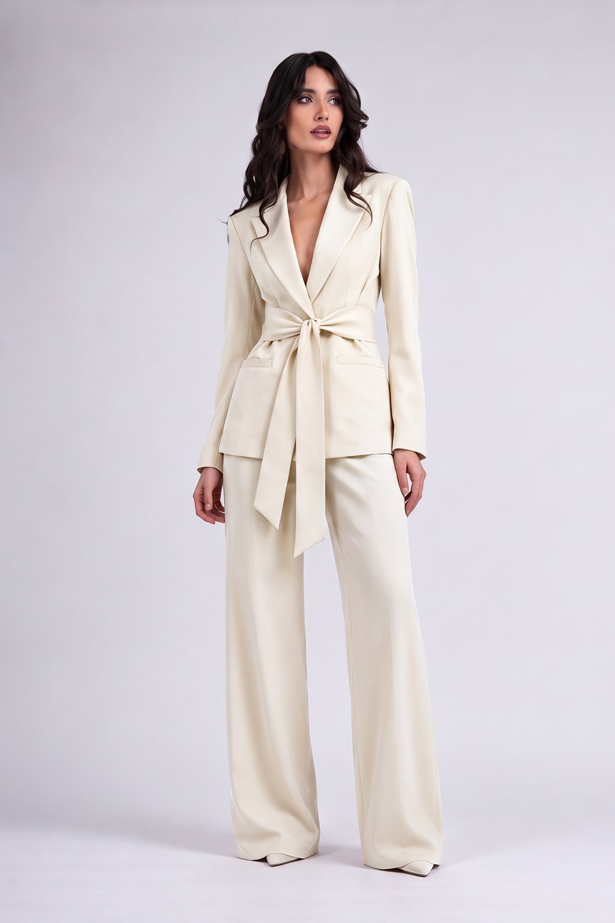 Butter-cream Suit with Belted Blazer and Wide-Leg Trousers