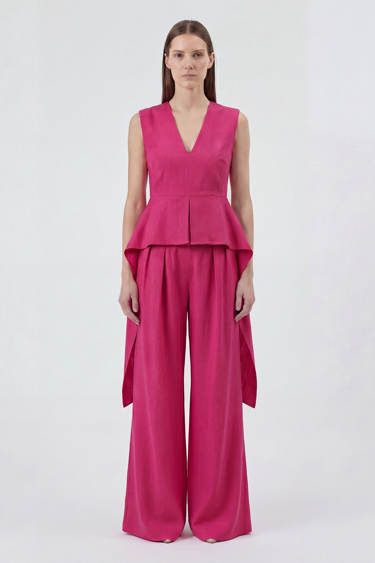Fuchsia Linen Peplum Top & Wide-Leg Trousers Set