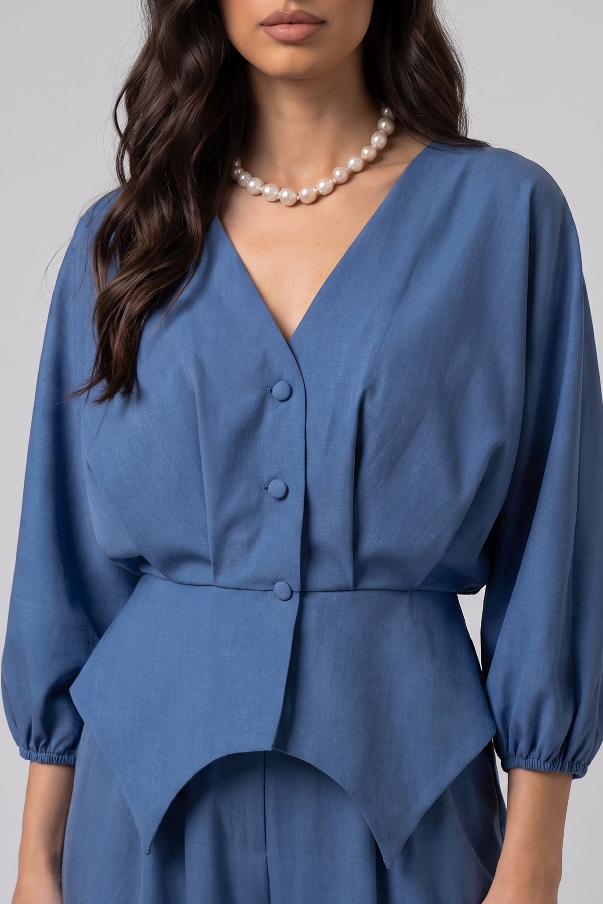 Denim Structured Top & Wide-Leg Trousers Set