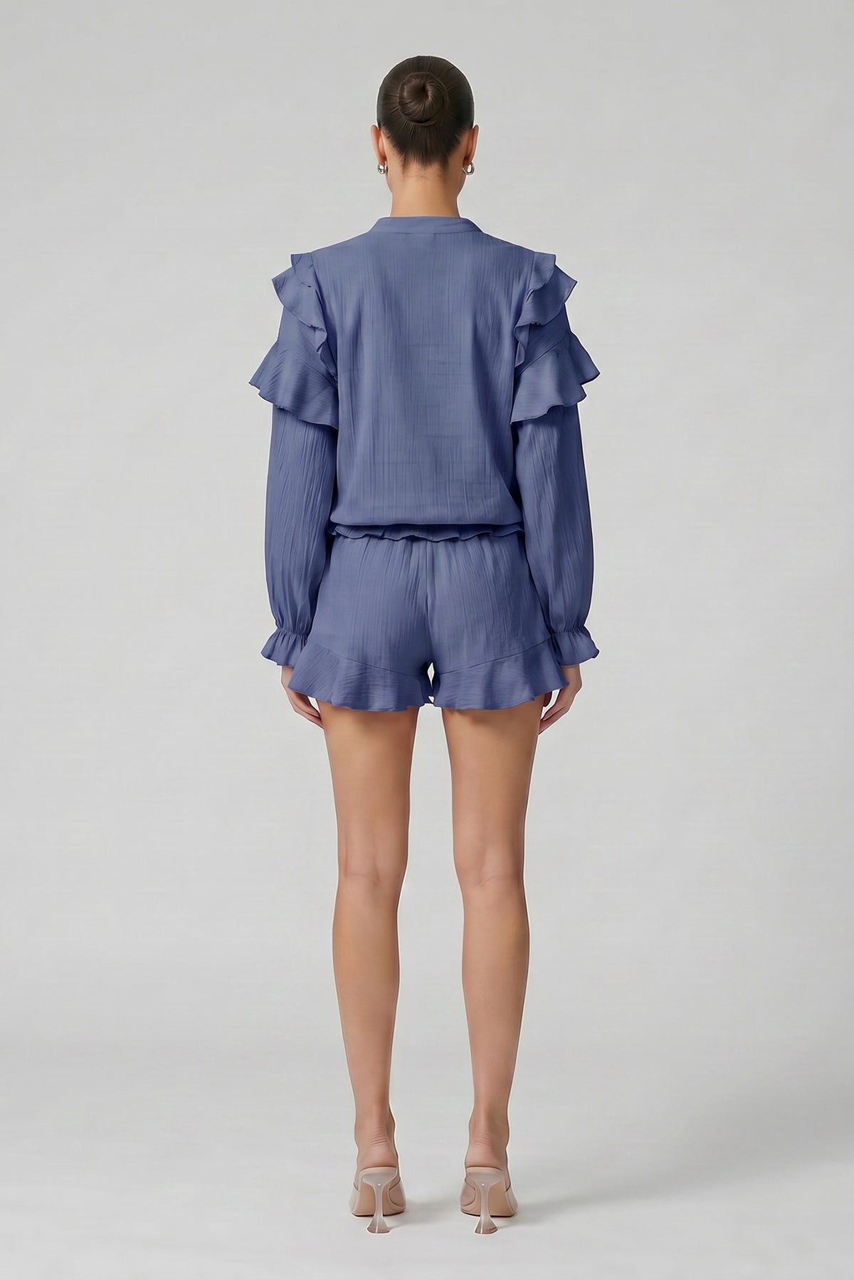 Navy linen-viscose blend set with ruffle top and shorts
