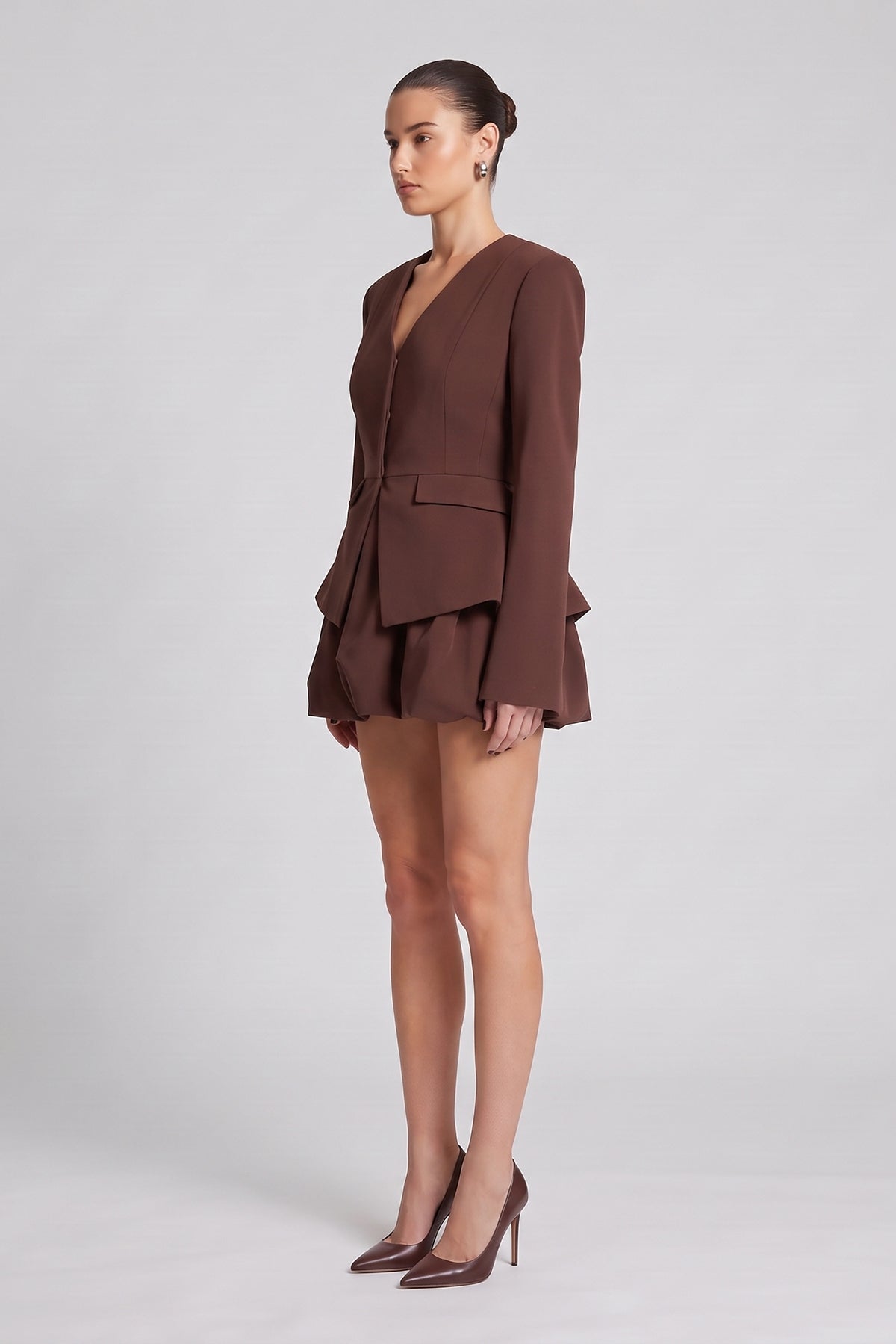 Brown Set with Structured Peplum Blazer and Balloon Skirt