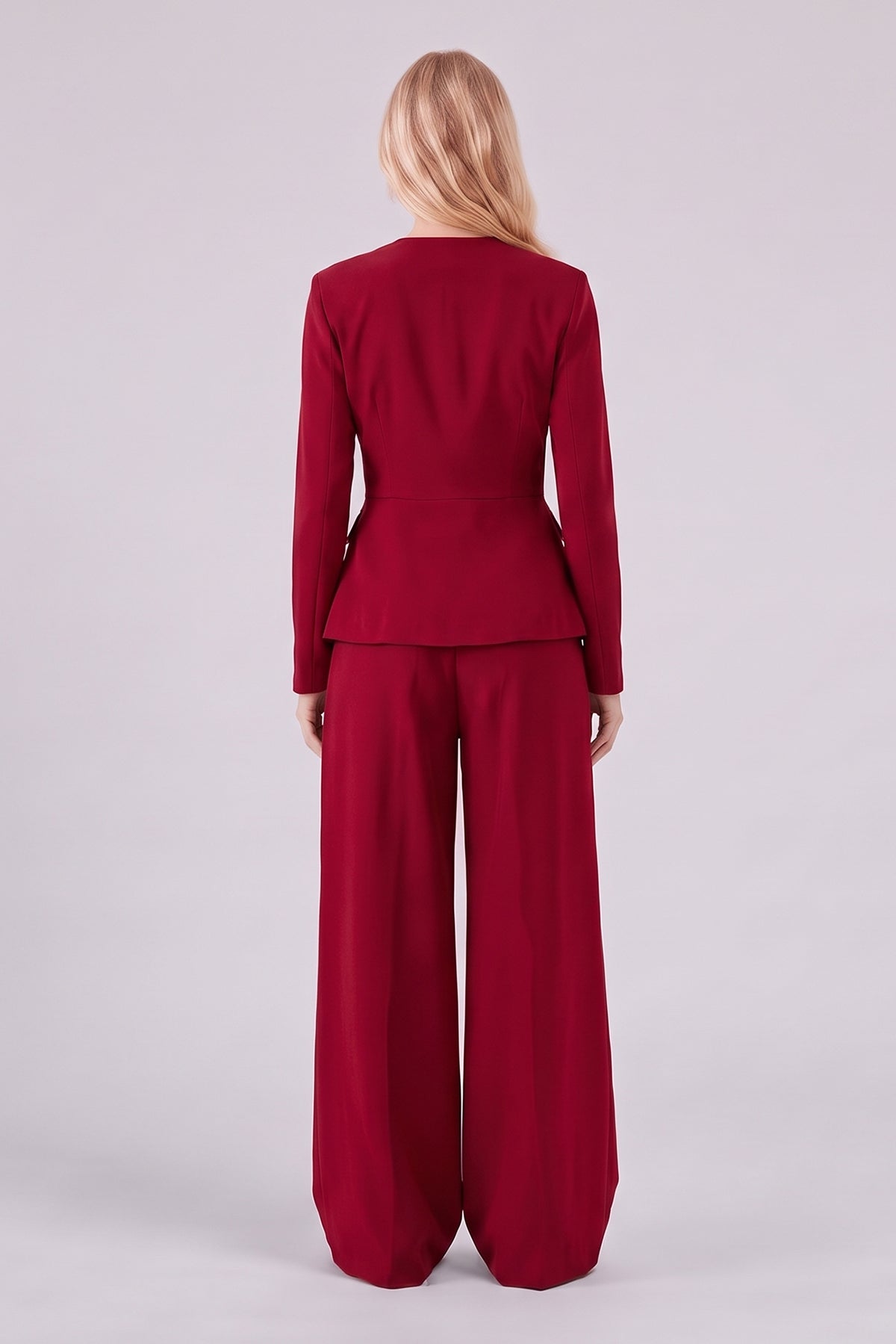 Red Set with Structured Peplum Blazer and Pleated Wide-Leg Trousers