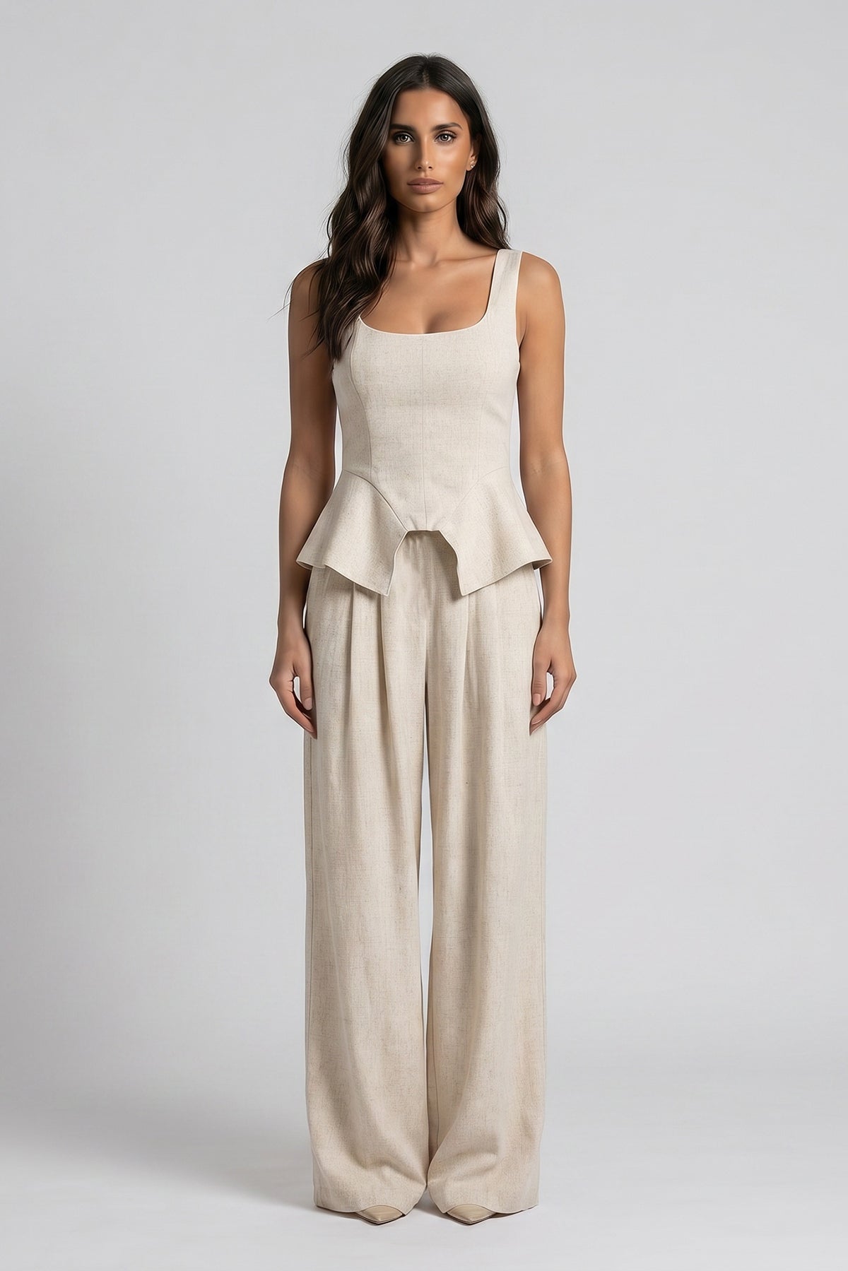 Cream Linen-Style Set with Wide Legs
