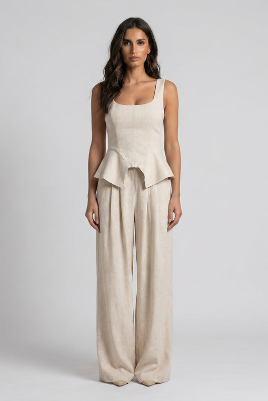 Cream Linen-Style Set with Wide Legs