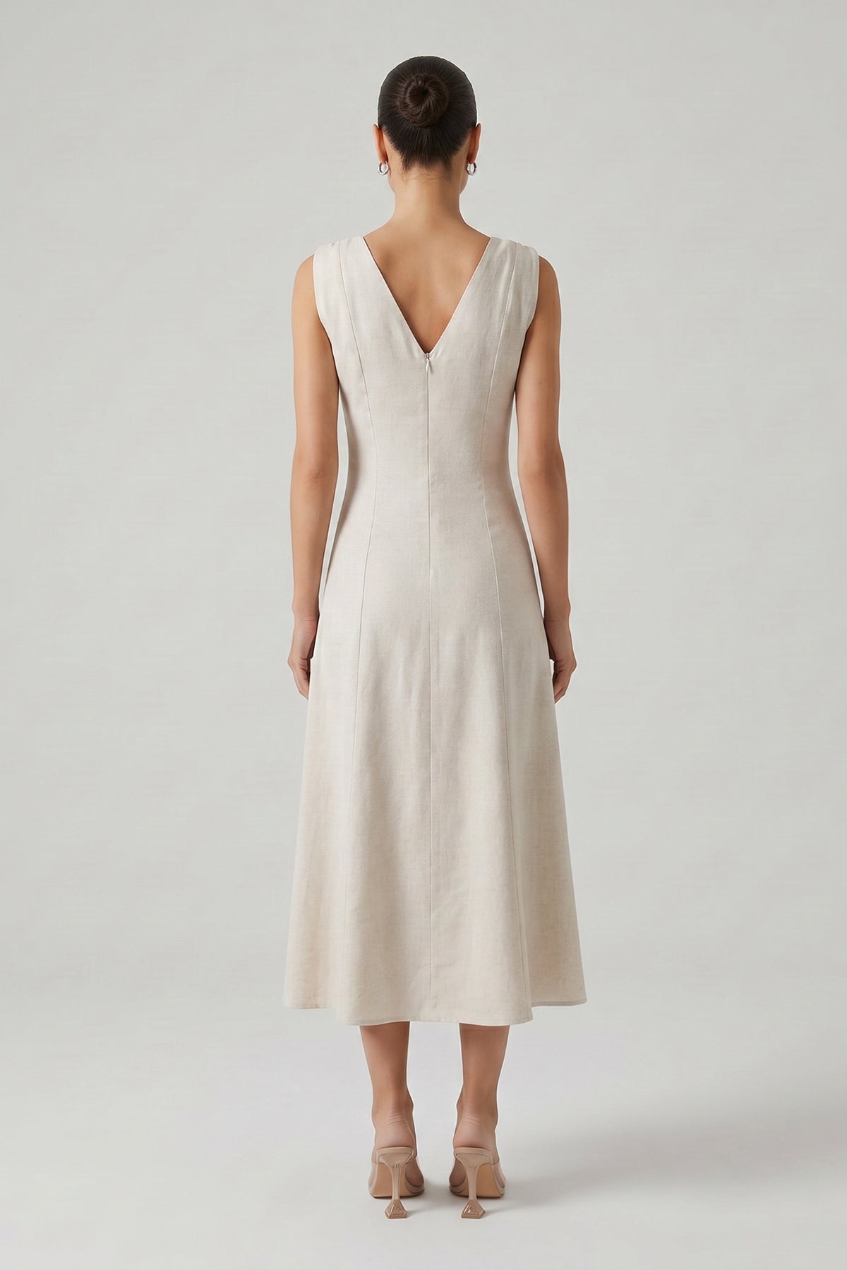 Rochie midi ivory din in cu decolteu în V și bretele cu nod