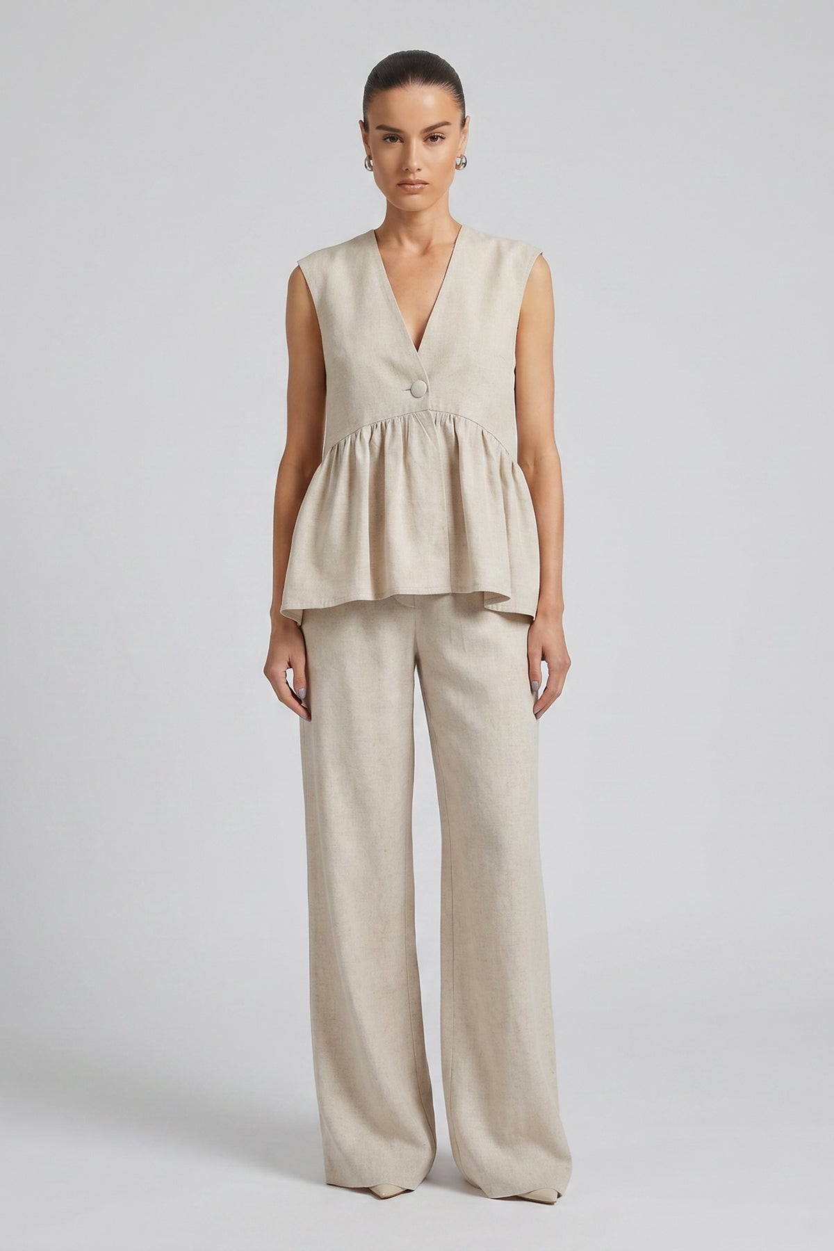 Set ivory din in cu vestă încrețită și pantaloni wide-leg