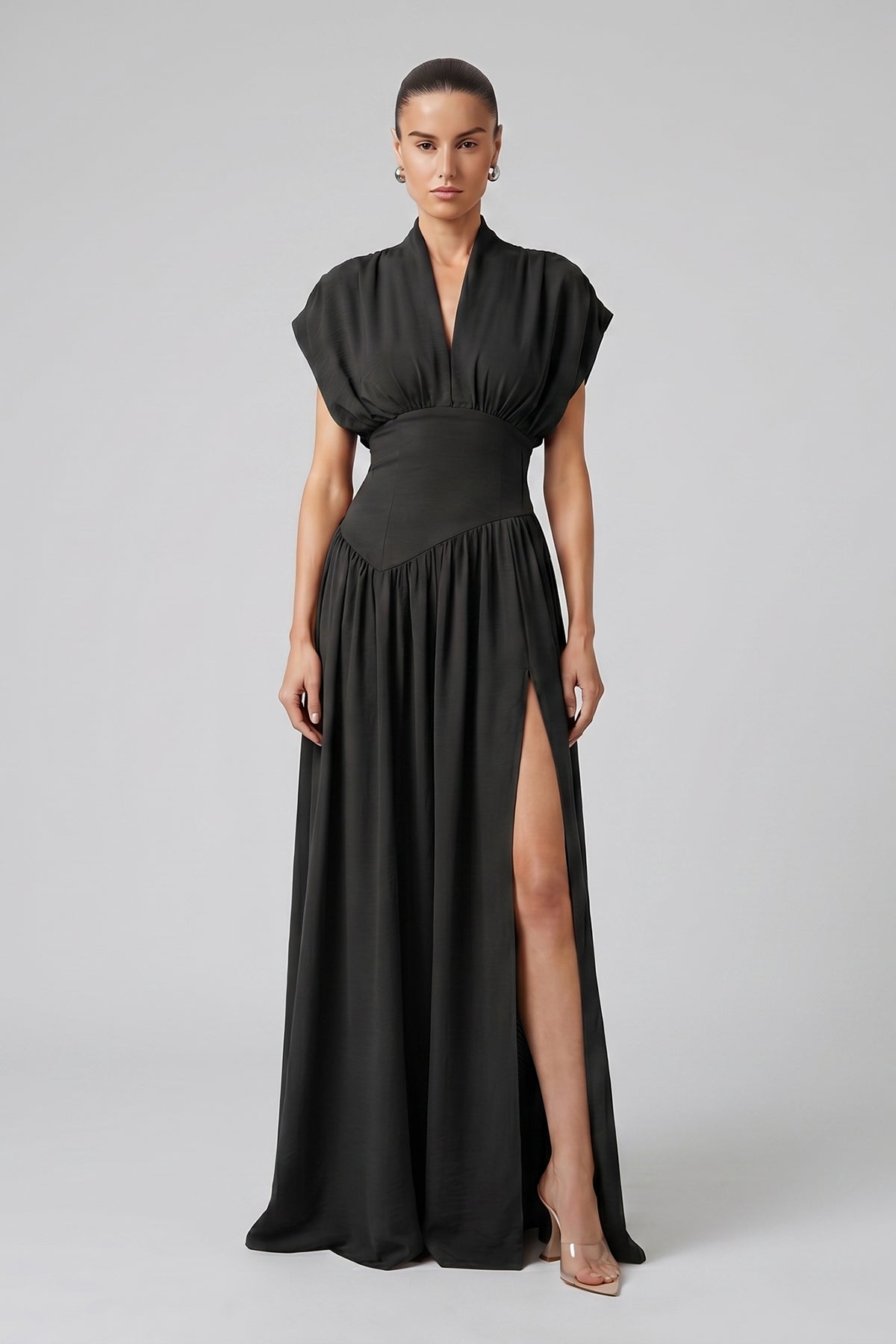 Black Maxi Dress with Defined Waist and Side Slit