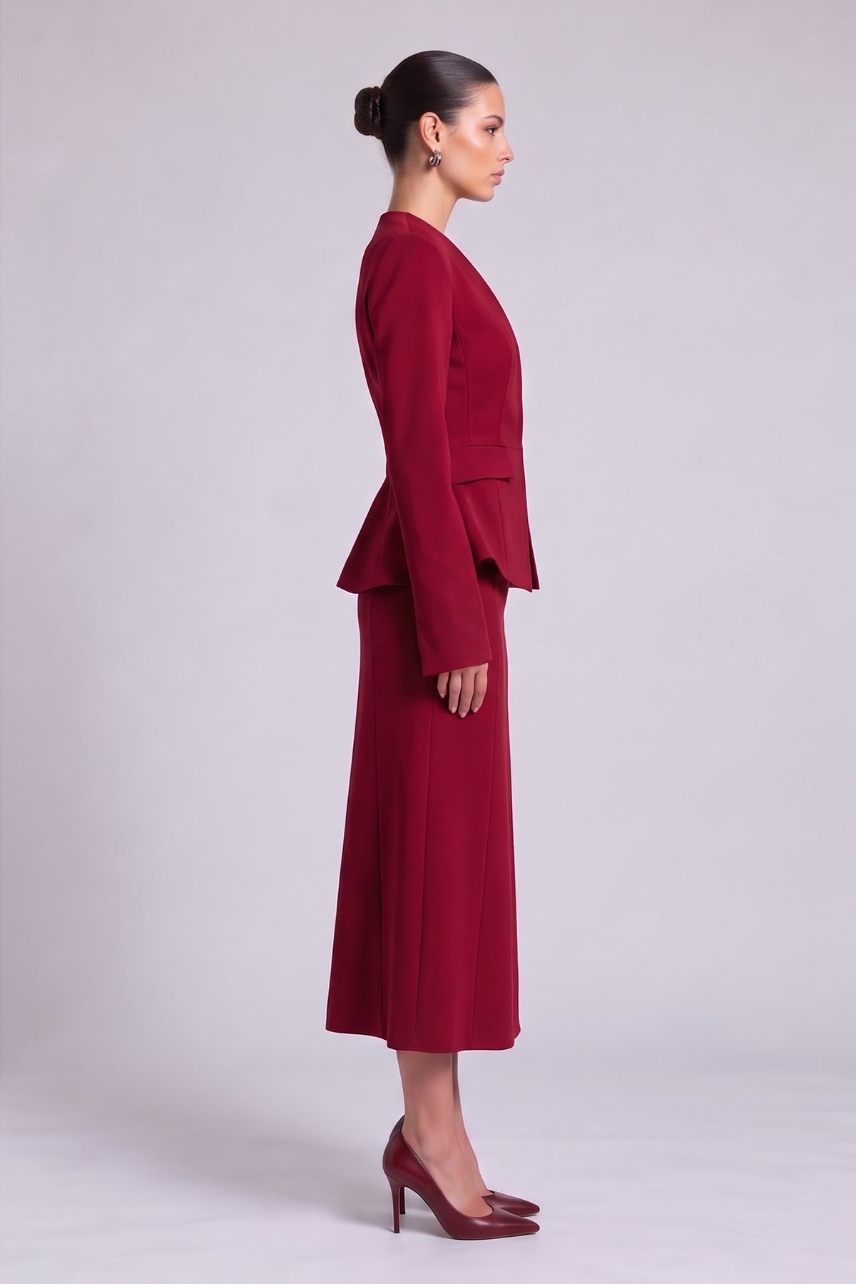 Red Set with Structured Peplum Blazer and A-Line Midi Skirt