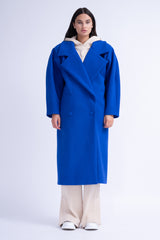 Electric Blue Structured Wool Coat With Oversized Lapel