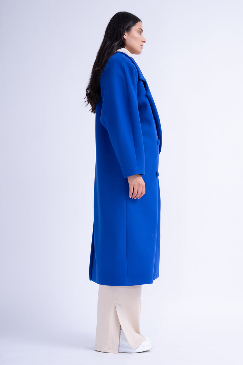 Electric Blue Structured Wool Coat With Oversized Lapel
