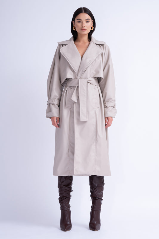 Beige Leather Raglan Sleeve Trench Coat With Belt