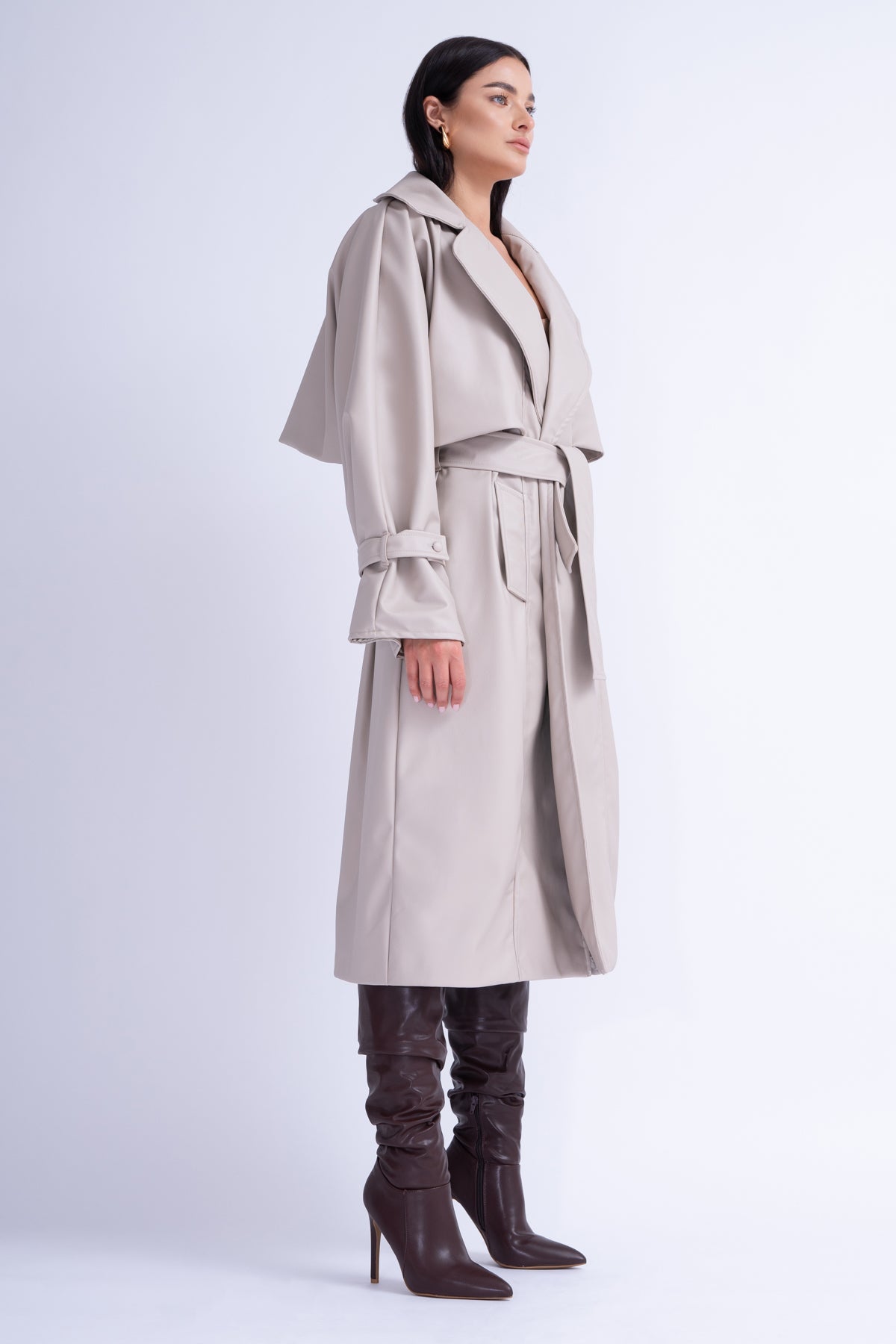 Trench din Piele Bej cu Maneca Raglan si Cordon