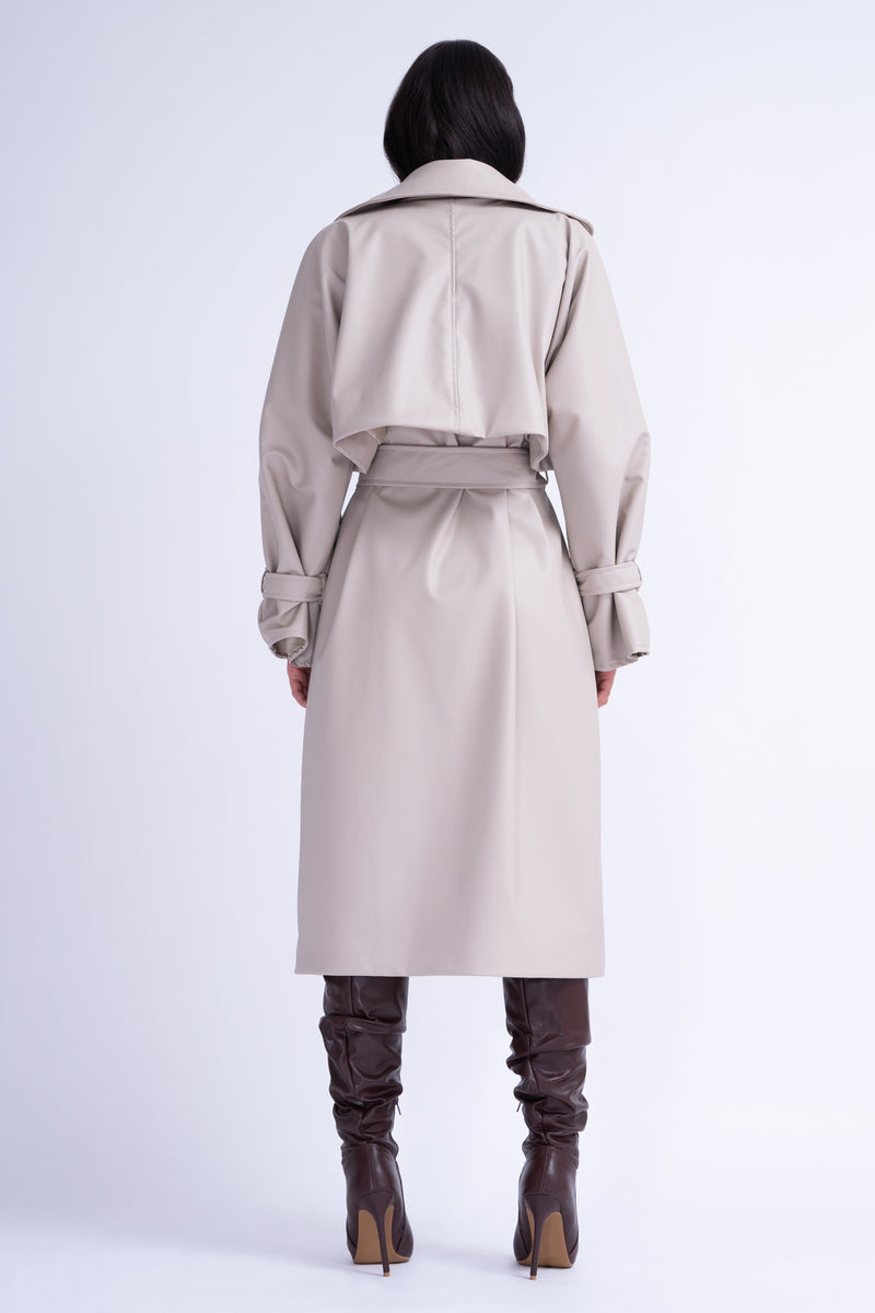 Beige Leather Raglan Sleeve Trench Coat With Belt