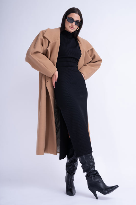 Camel Structured Wool Coat With Oversized Lapels