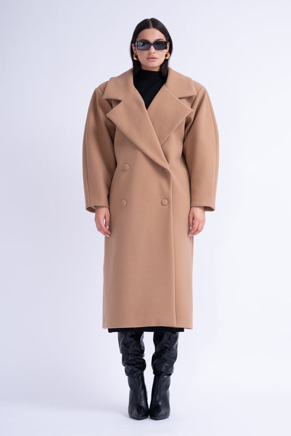 Camel Structured Wool Coat With Oversized Lapels