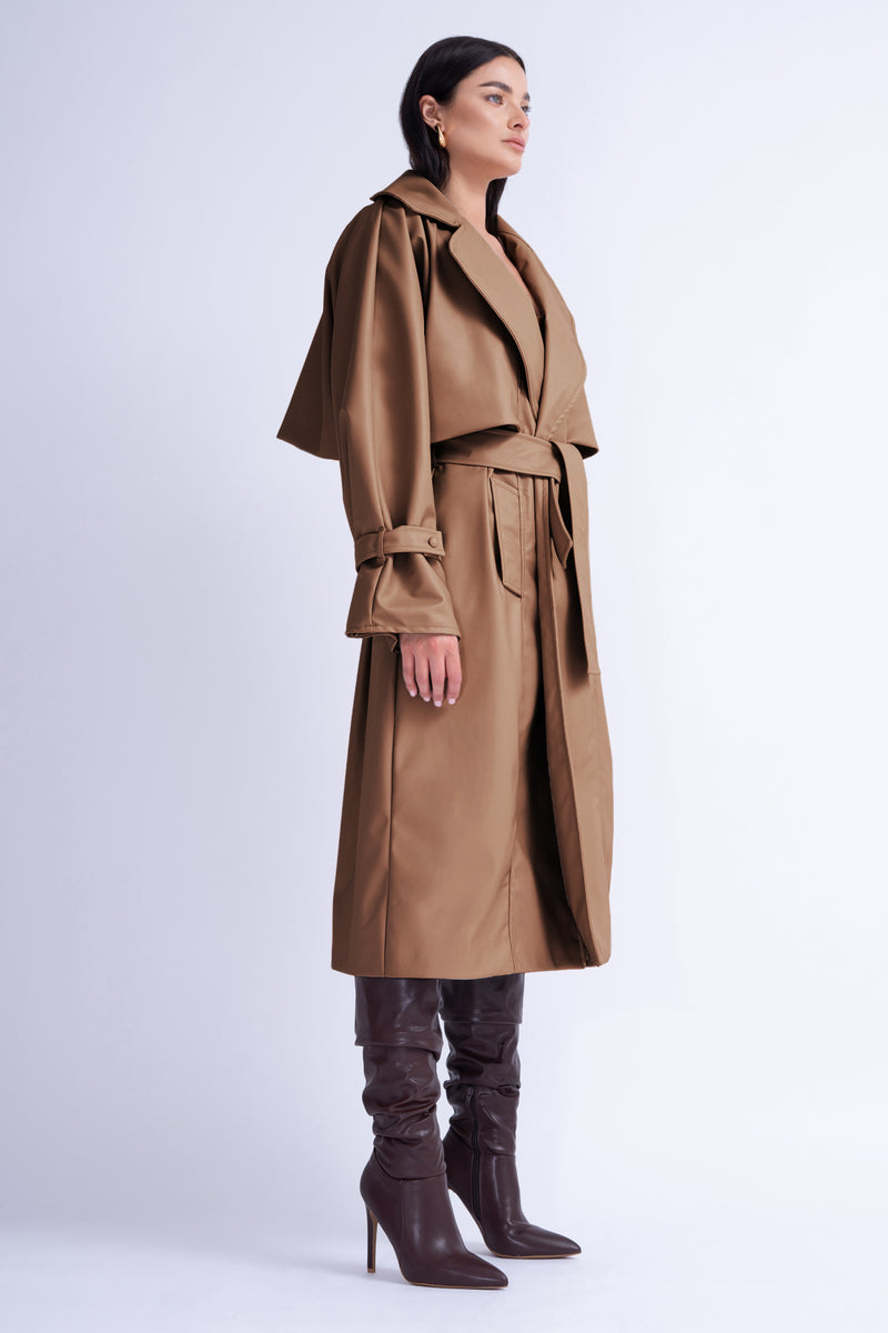 Camel Leather Raglan Sleeve Trench Coat With Belt