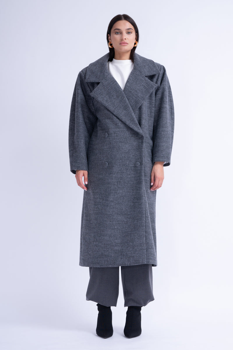 Grey Structured Wool Coat With Oversized Lapels