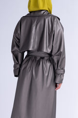 Metallic Leather Raglan Sleeve Trench Coat With Belt