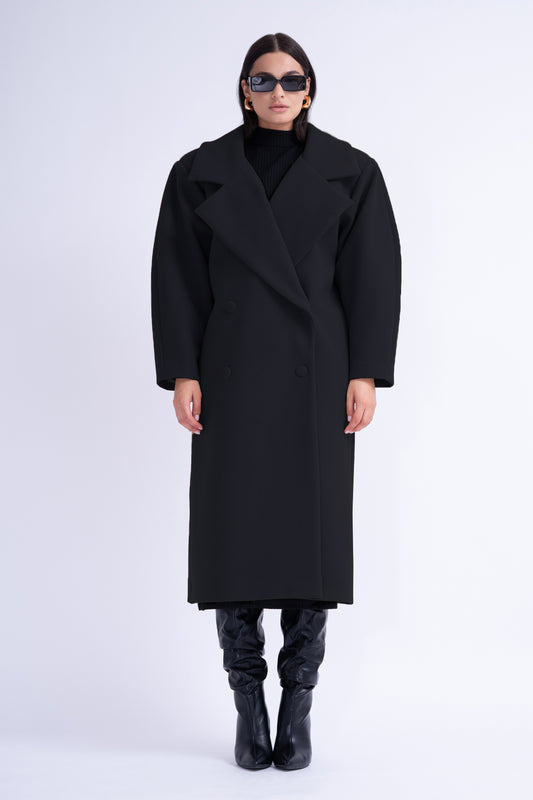 Black Structured Wool Coat With Oversized Lapels