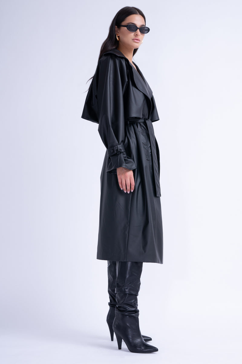 Black Leather Raglan Sleeve Trench Coat With Belt