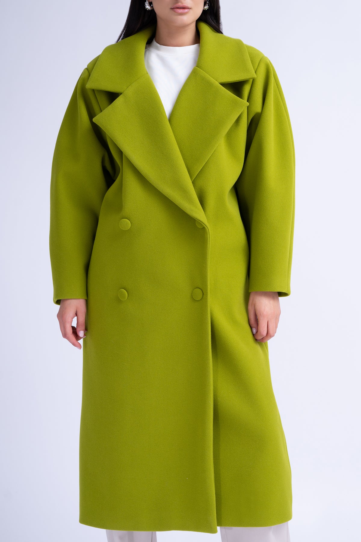 Green Structured Wool Coat With Oversized Lapels
