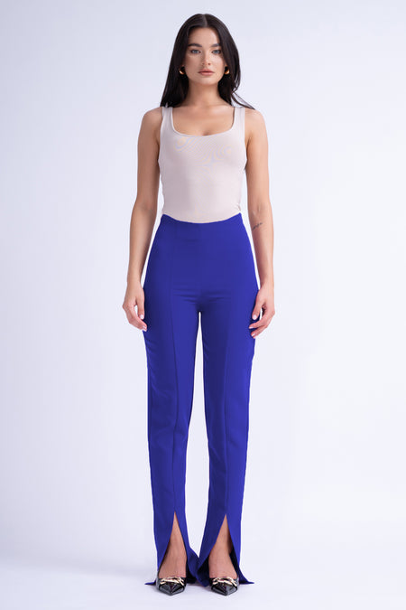 Electric Blue Slim Fit Pants With Front Slit