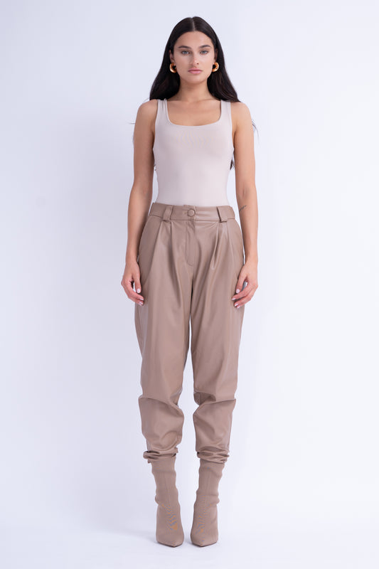 Beige Leather High-Waist Slim Fit Trousers