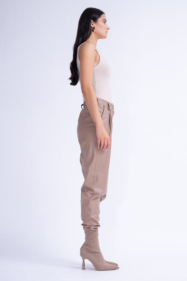 Beige Leather High-Waist Slim Fit Trousers