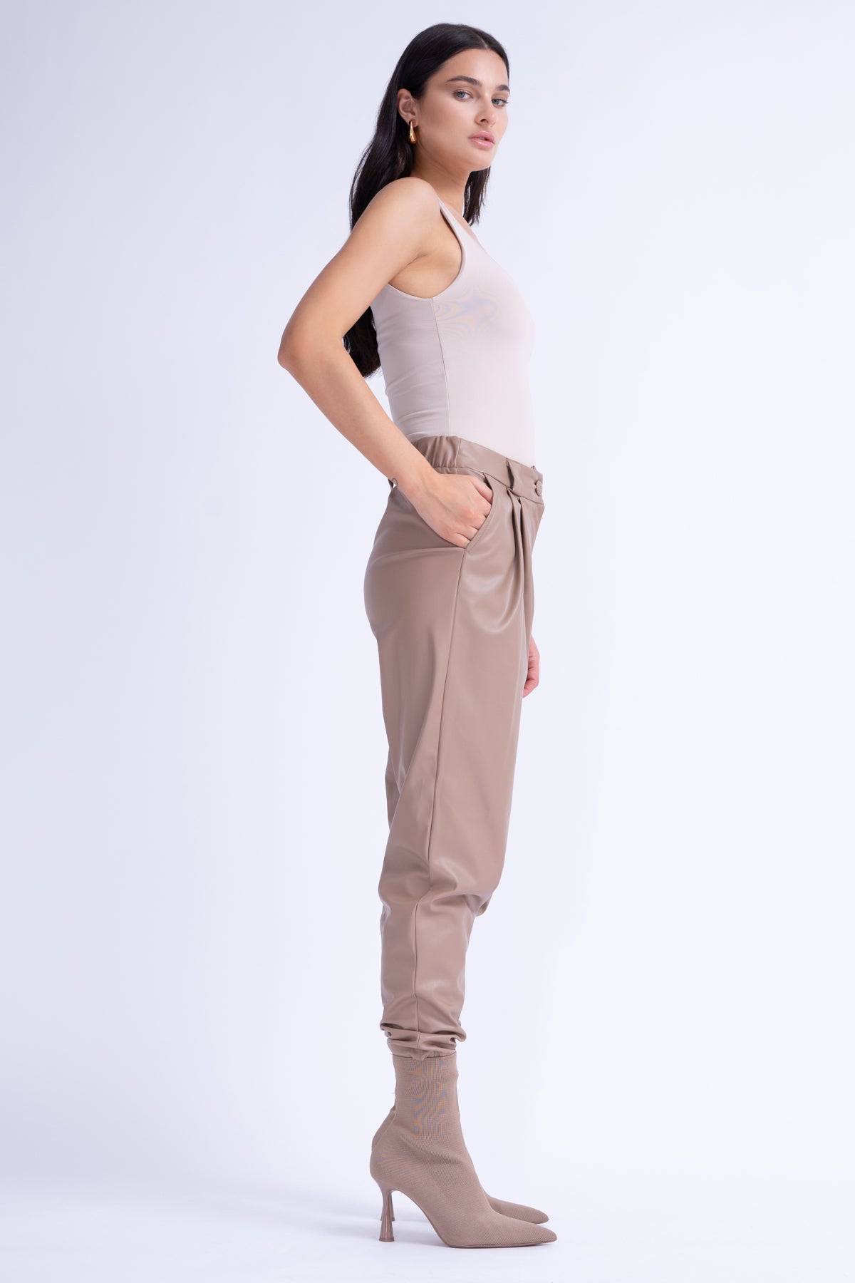 Beige Leather High-Waist Slim Fit Trousers